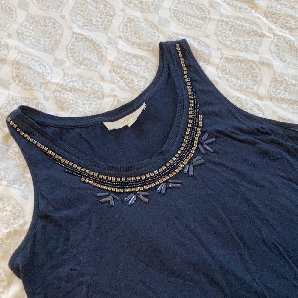 Navy Blue LOFT Tank w/ Beaded Neckline